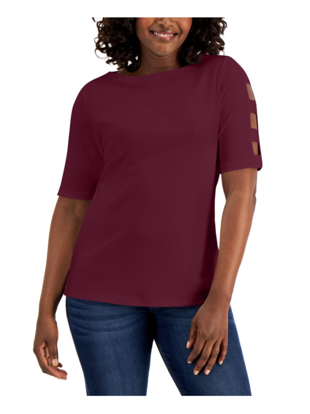 Karen Scott Size Medium 100% Cotton Burgundy Red Cutout-Sleeve Top NWT